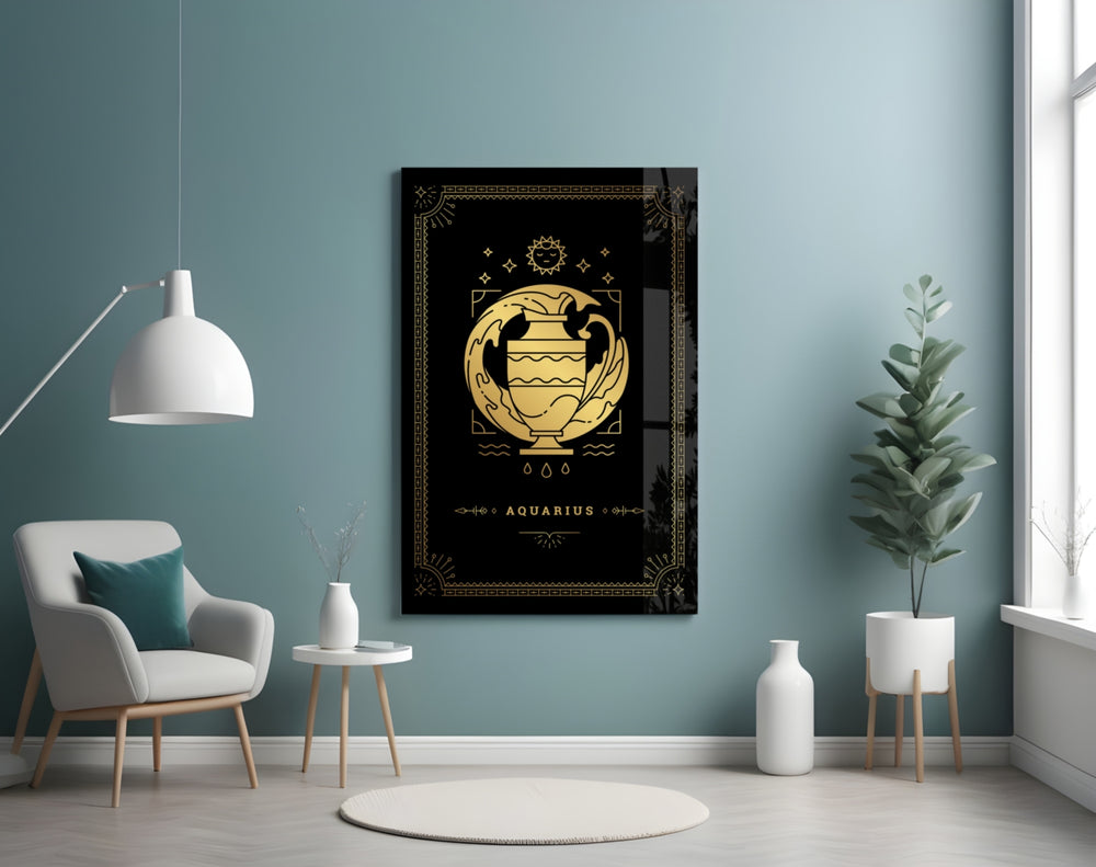 Tarot-card Aquarius cinematic glass wall art in boutique-hotel suite