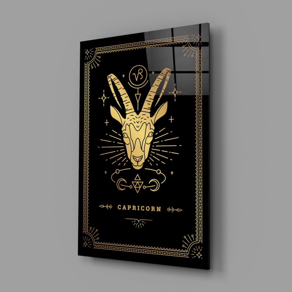 Gold-sigil Capricorn glass wall art in designer-luxury entryway