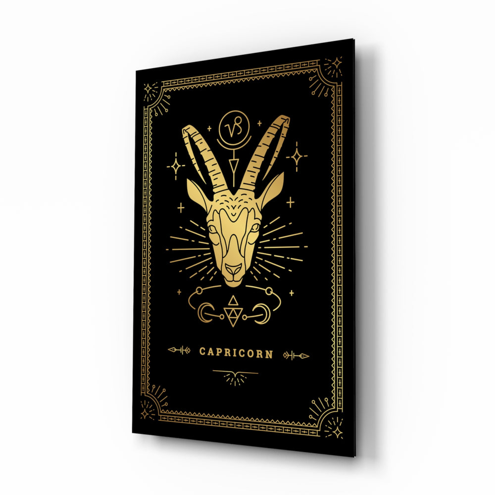 Capricorn zodiac tarot cinematic glass wall art beside dresser in teen bedroom