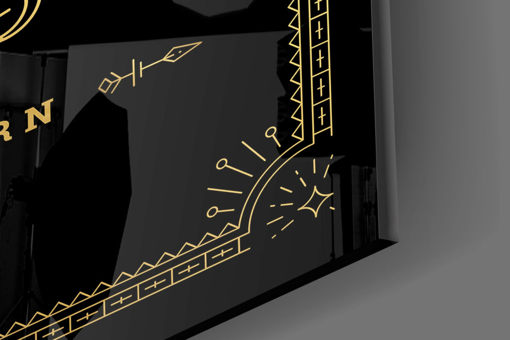 Gold-line zodiac cinematic glass wall art in glamorous powder-room