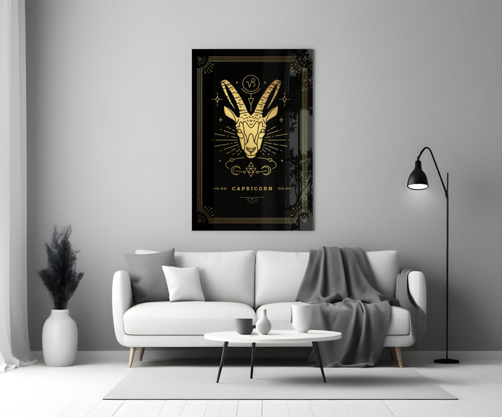 Astrology-themed Capricorn cinematic glass wall art in reading nook