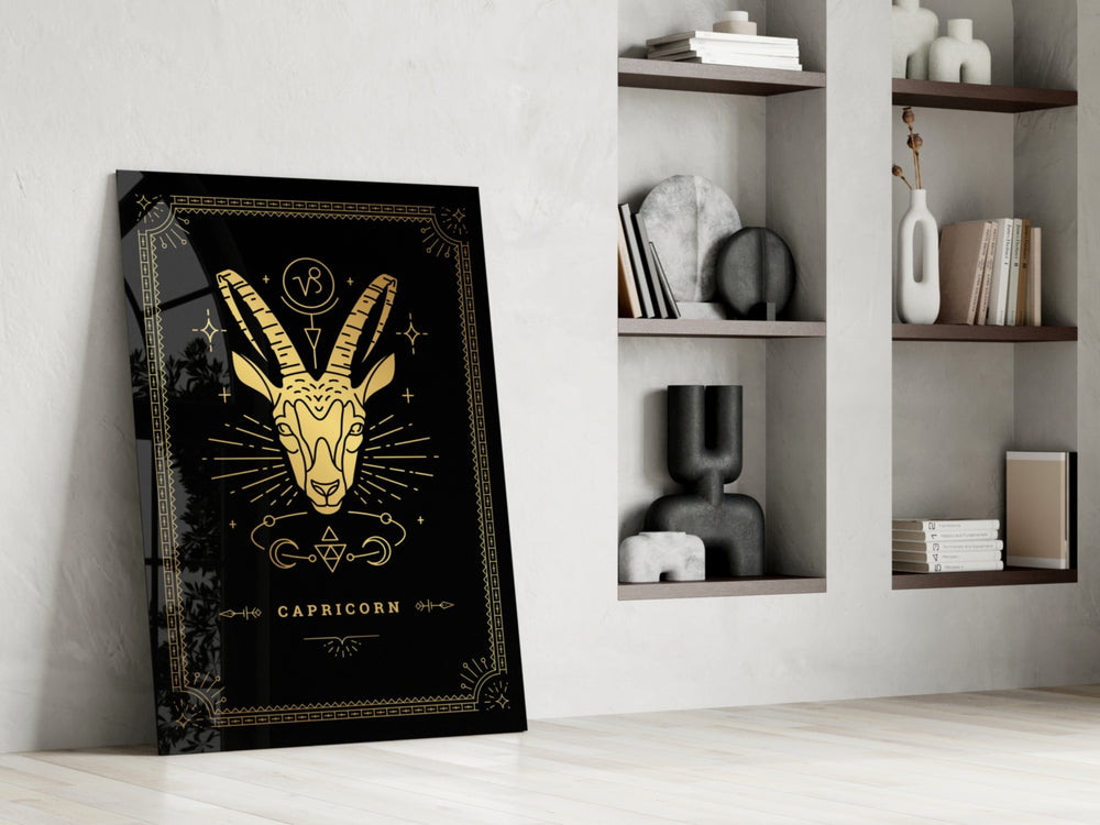 Mystical Capricorn cinematic glass wall art in heritage stairwell