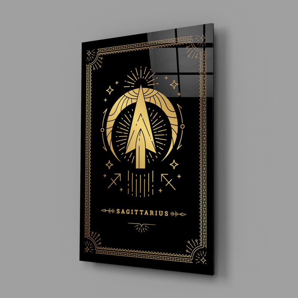Gold-sigil Sagittarius glass wall art in designer-luxury entryway