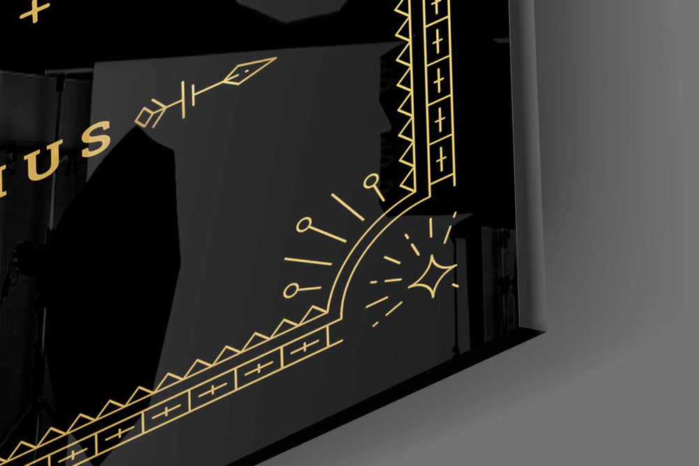 Gold-line zodiac cinematic glass wall art in glamorous powder-room