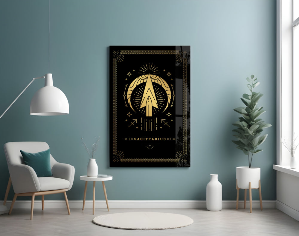 Tarot-card Sagittarius cinematic glass wall art in boutique-hotel suite