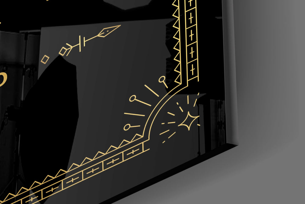 Gold-line zodiac cinematic glass wall art in glamorous powder-room