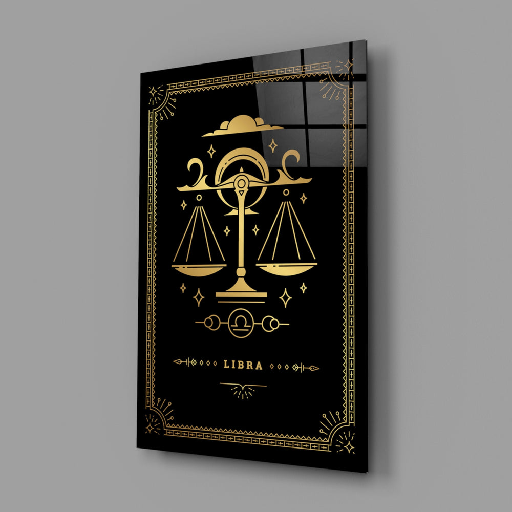 Gold-sigil Libra glass wall art in designer-luxury entryway