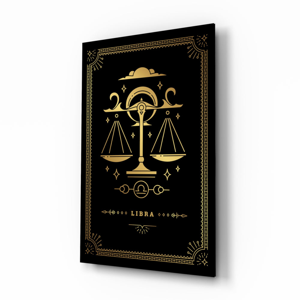 Libra zodiac tarot cinematic glass wall art beside dresser in teen bedroom