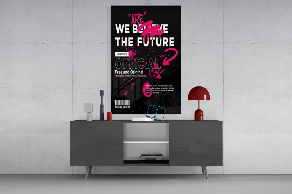 Future-poster cinematic glass wall art in fashion-atelier reception