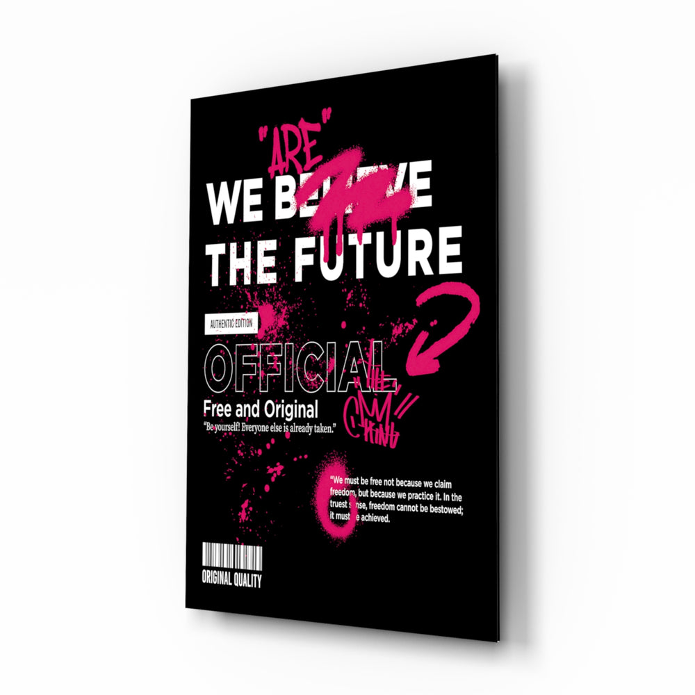 We Are The Future streetwear cinematic glass wall art beside dresser in teen bedroom