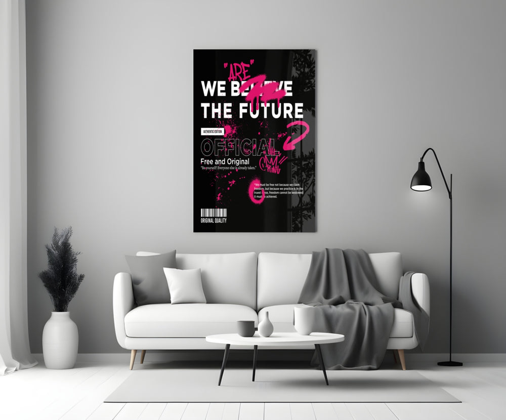 Off-White-style streetwear cinematic glass wall art in shop reception