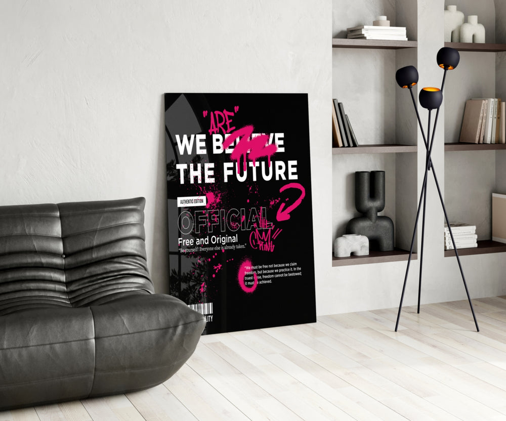 Streetwear-zine cinematic glass wall art over modern dining sideboard