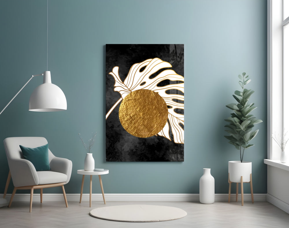 Modernist monstera cinematic glass wall art in glamorous powder-room