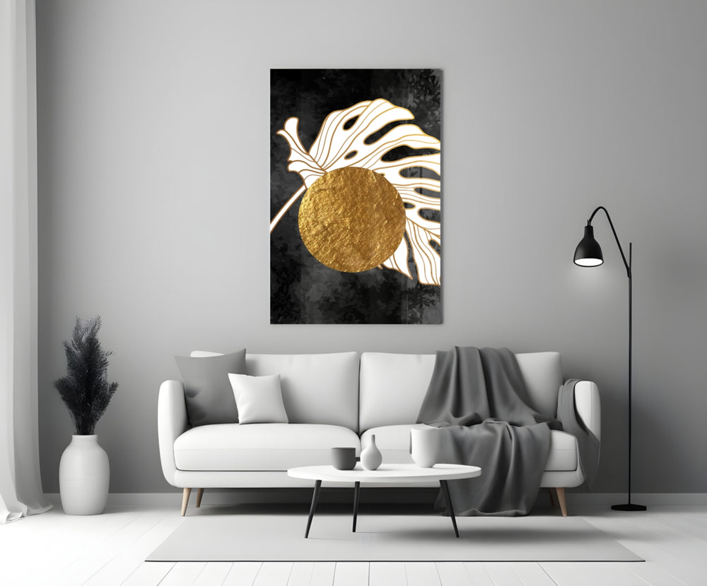 Boho-luxe gold disc cinematic glass wall art in boutique-hotel suite