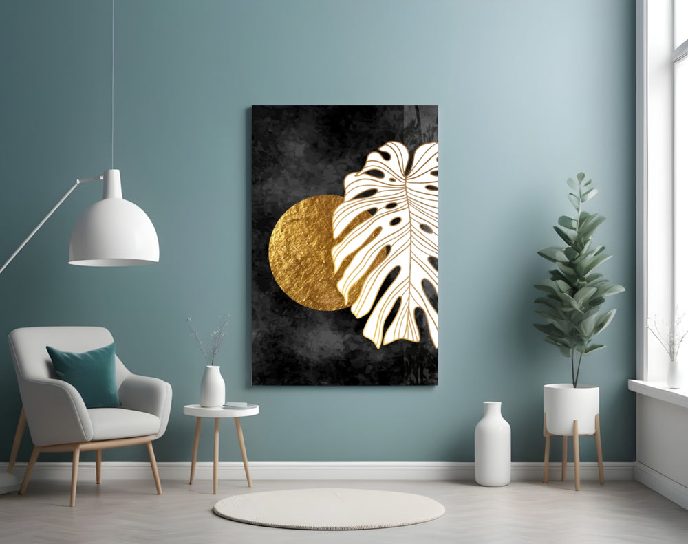 Modernist monstera mirror cinematic glass wall art in glamorous powder-room