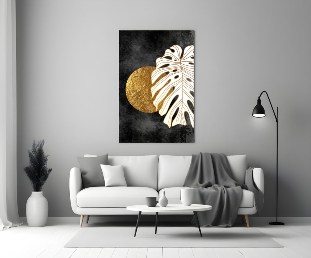 Boho-luxe gold disc cinematic glass wall art in boutique-hotel suite