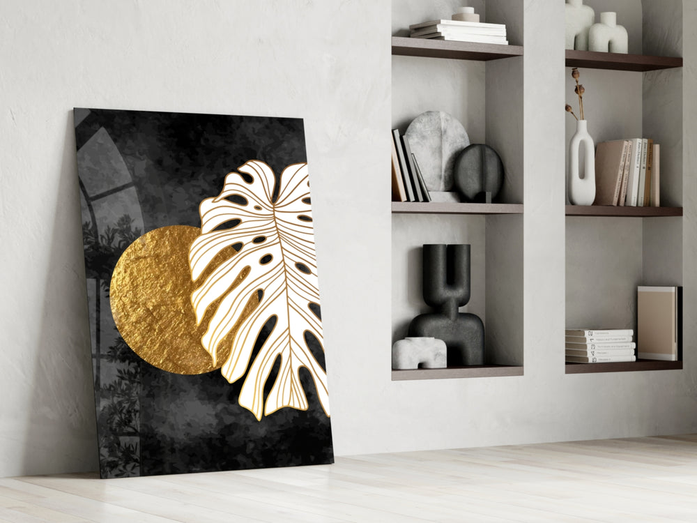 Art-Deco monstera cinematic glass wall art in heritage stairwell