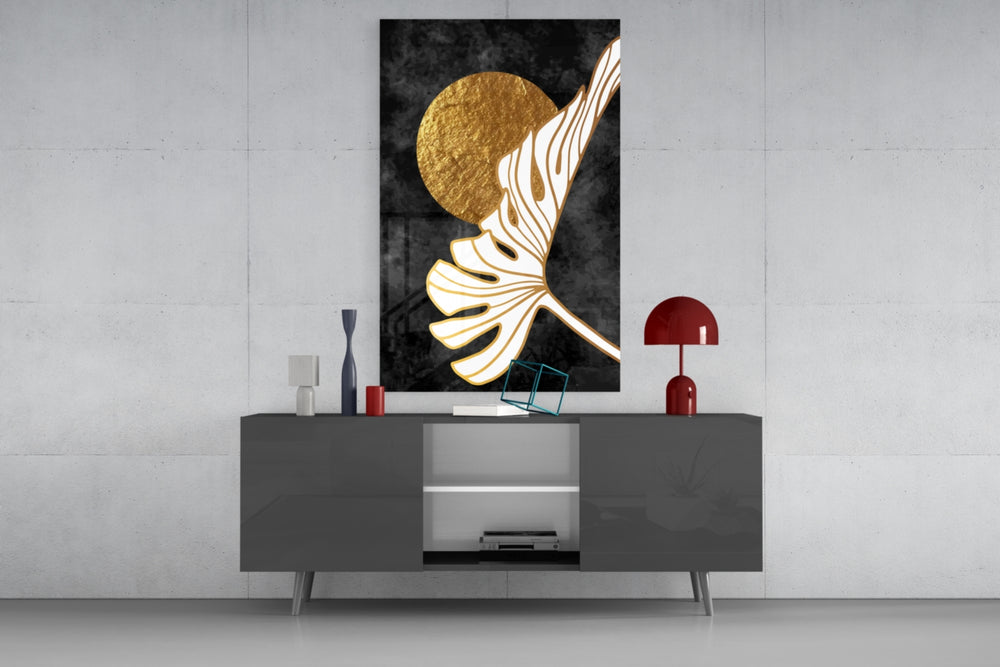 Boho-modern triptych cinematic glass wall art in light-filled garden room