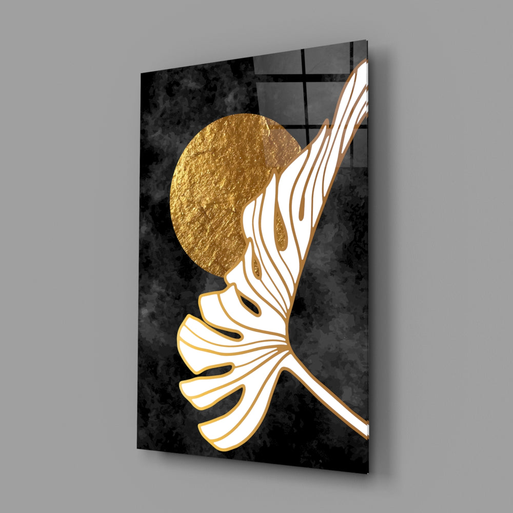 Monstera-and-moon cinematic glass wall art in fashion-atelier entry