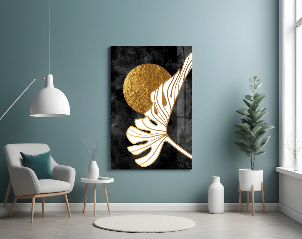 Modernist monstera cinematic glass wall art in glamorous powder-room