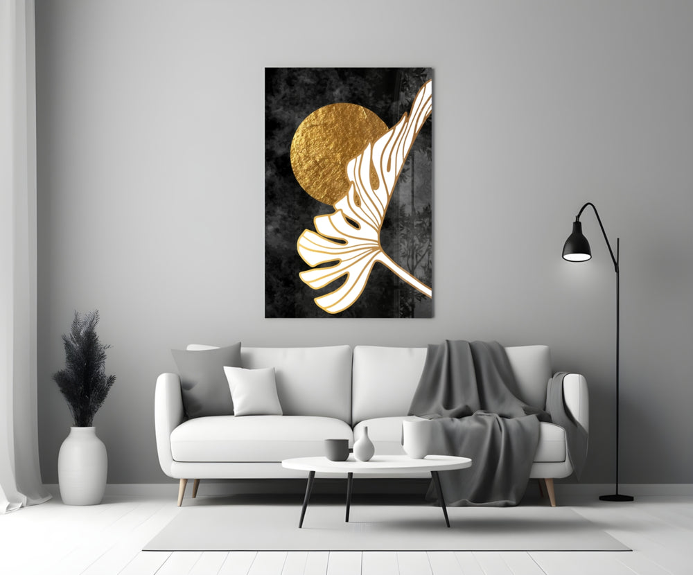 Boho-luxe gold disc cinematic glass wall art in boutique-hotel suite