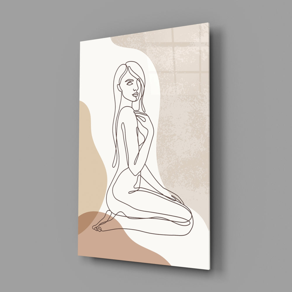 Matisse-style minimalist cinematic glass wall art in wellness studio reception