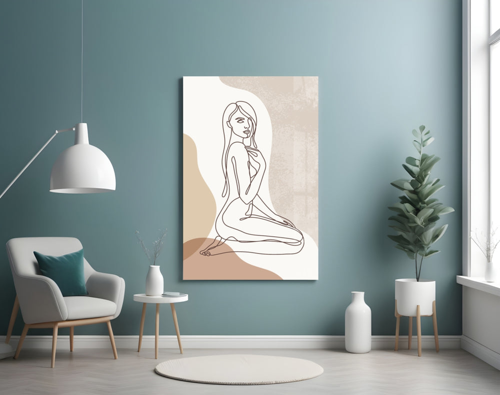 Earth-tone boho cinematic glass wall art in feminine-luxe powder-room