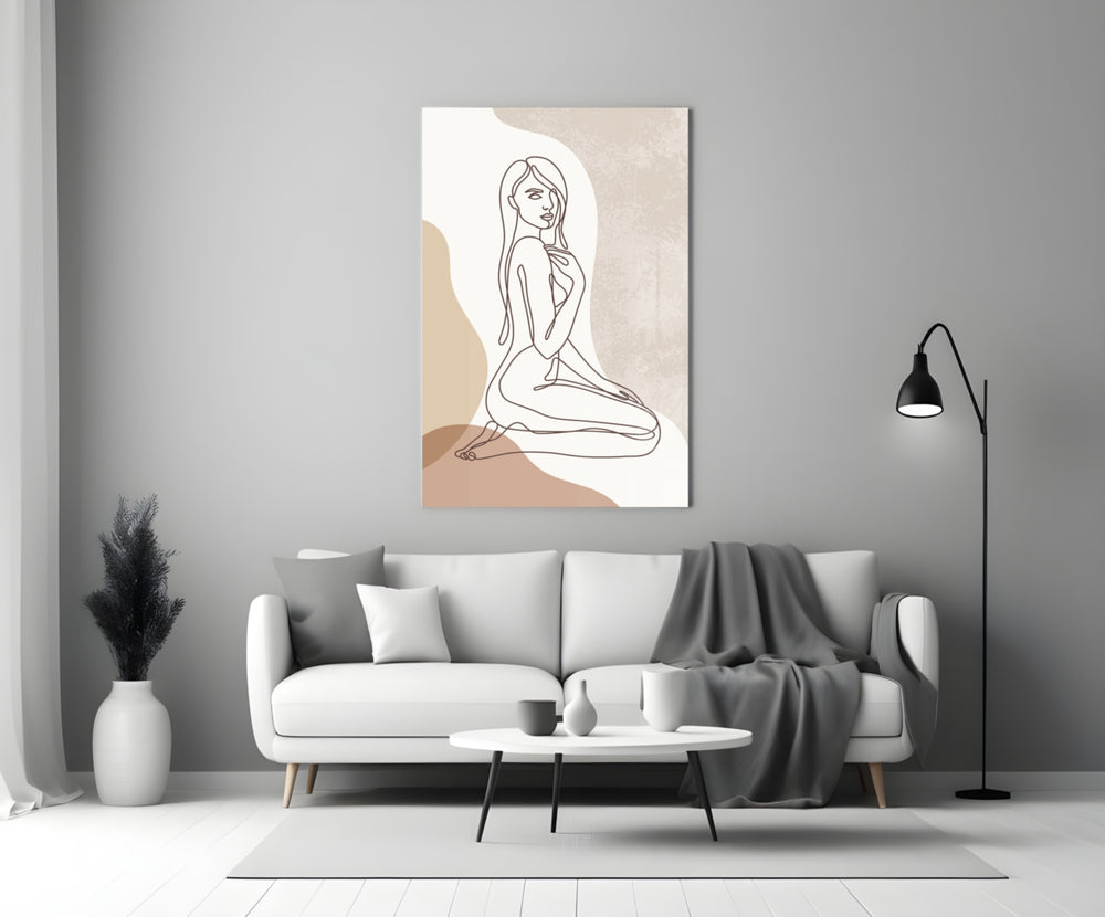 Continuous-line woman cinematic glass wall art in boutique cafe entry