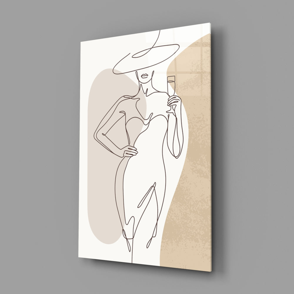 Matisse-style champagne woman cinematic glass wall art in fashion-atelier reception