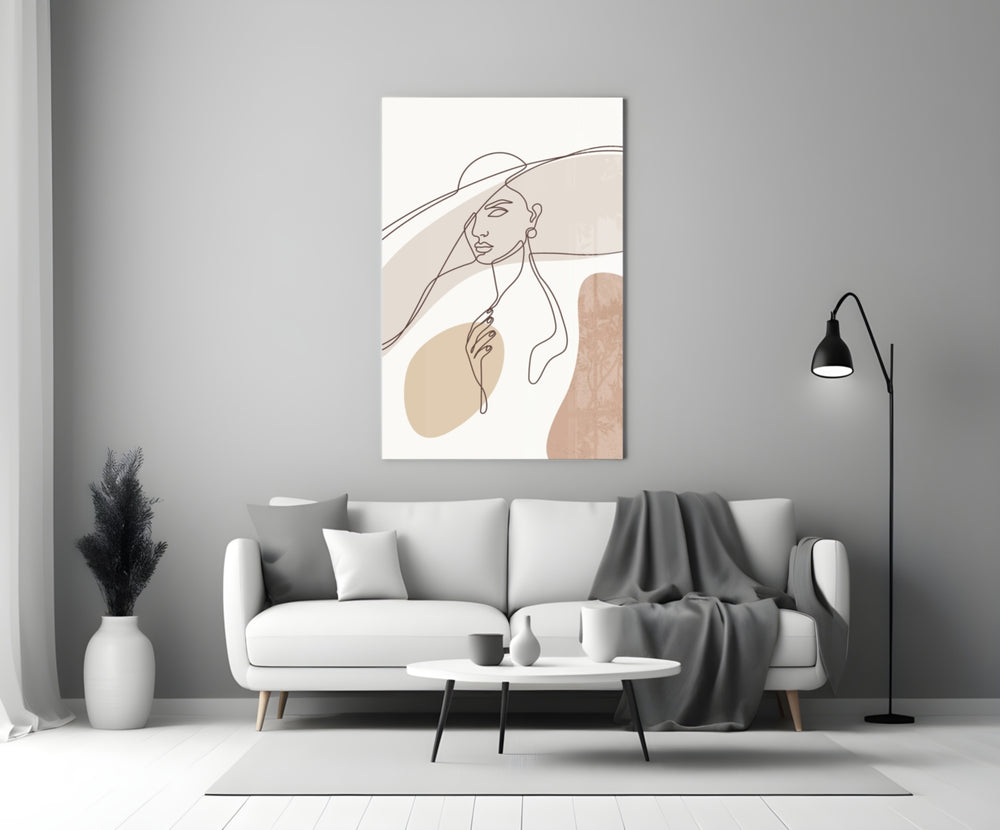 Continuous-line woman cinematic glass wall art in boutique cafe entry