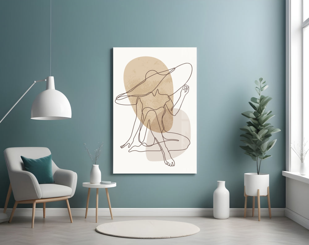 Earth-tone boho cinematic glass wall art in feminine-luxe powder-room