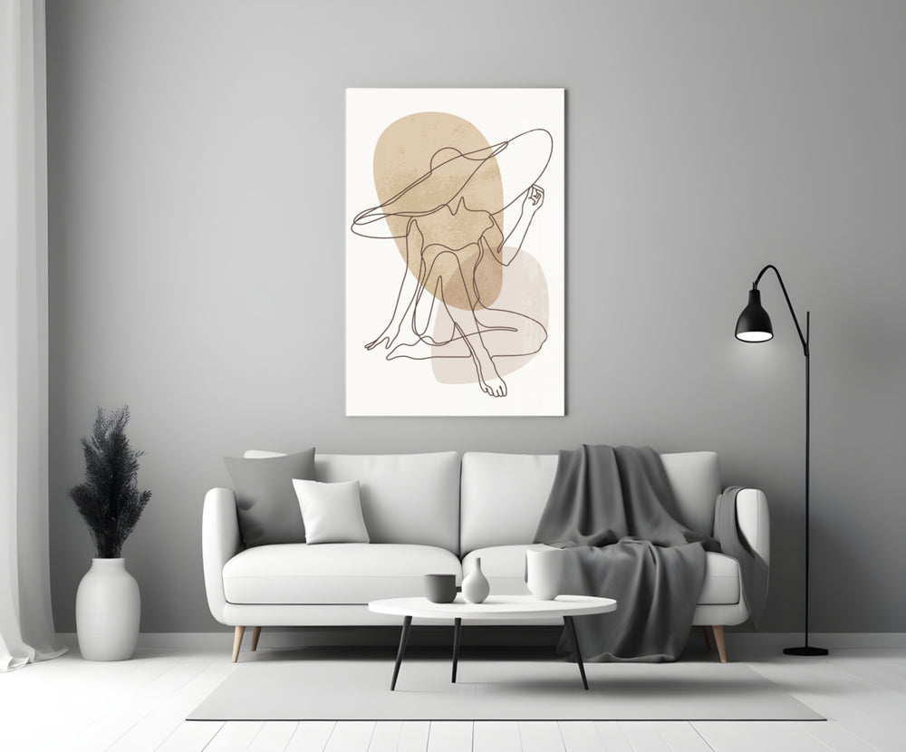 Continuous-line woman cinematic glass wall art in boutique cafe entry