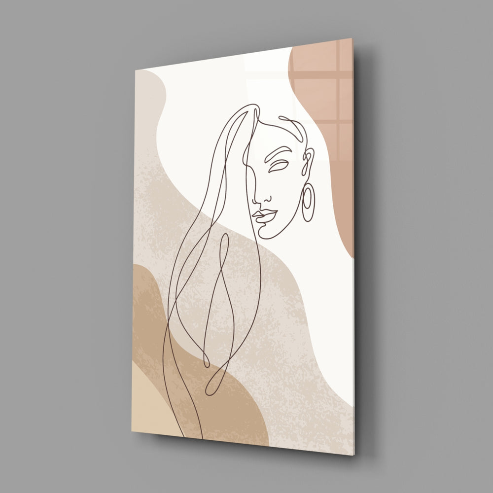 Matisse-style long-hair cinematic glass wall art in wellness studio reception