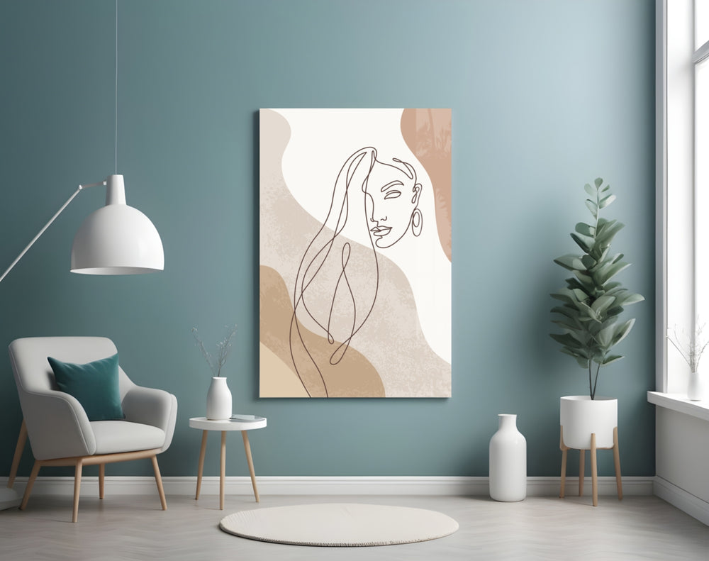 Earth-tone boho cinematic glass wall art in feminine-luxe powder-room