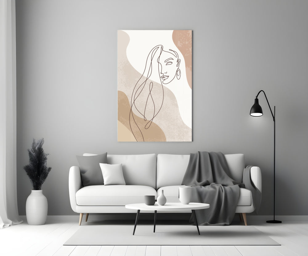 Continuous-line woman cinematic glass wall art in boutique cafe entry