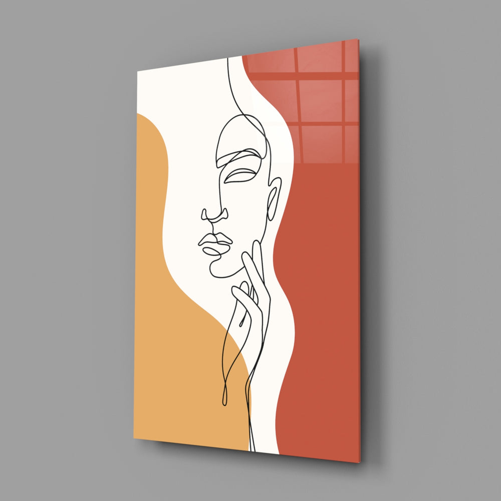 Matisse-style throat-and-hand cinematic glass wall art in wellness studio reception