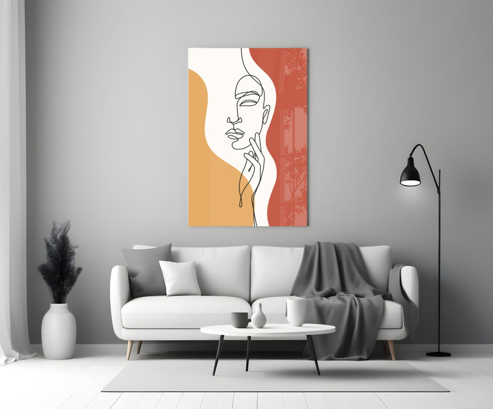 Continuous-line woman cinematic glass wall art in boutique cafe entry