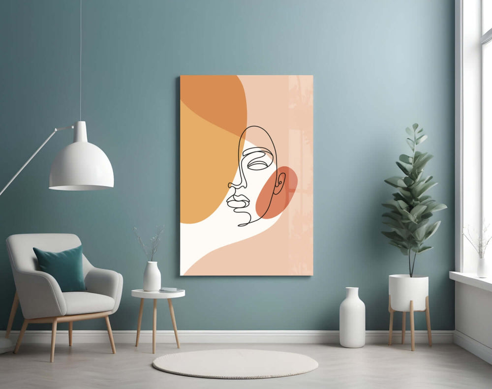 Marigold-and-peach boho cinematic glass wall art in feminine-luxe powder-room