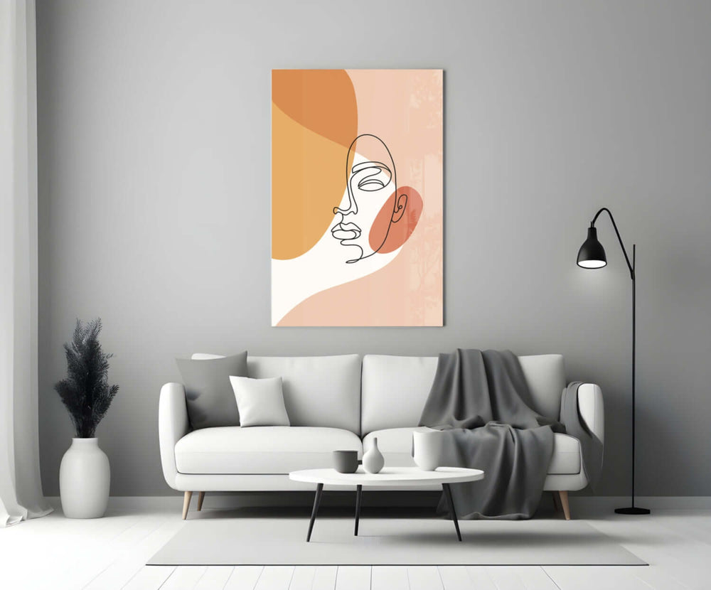 Continuous-line woman cinematic glass wall art in boutique cafe entry