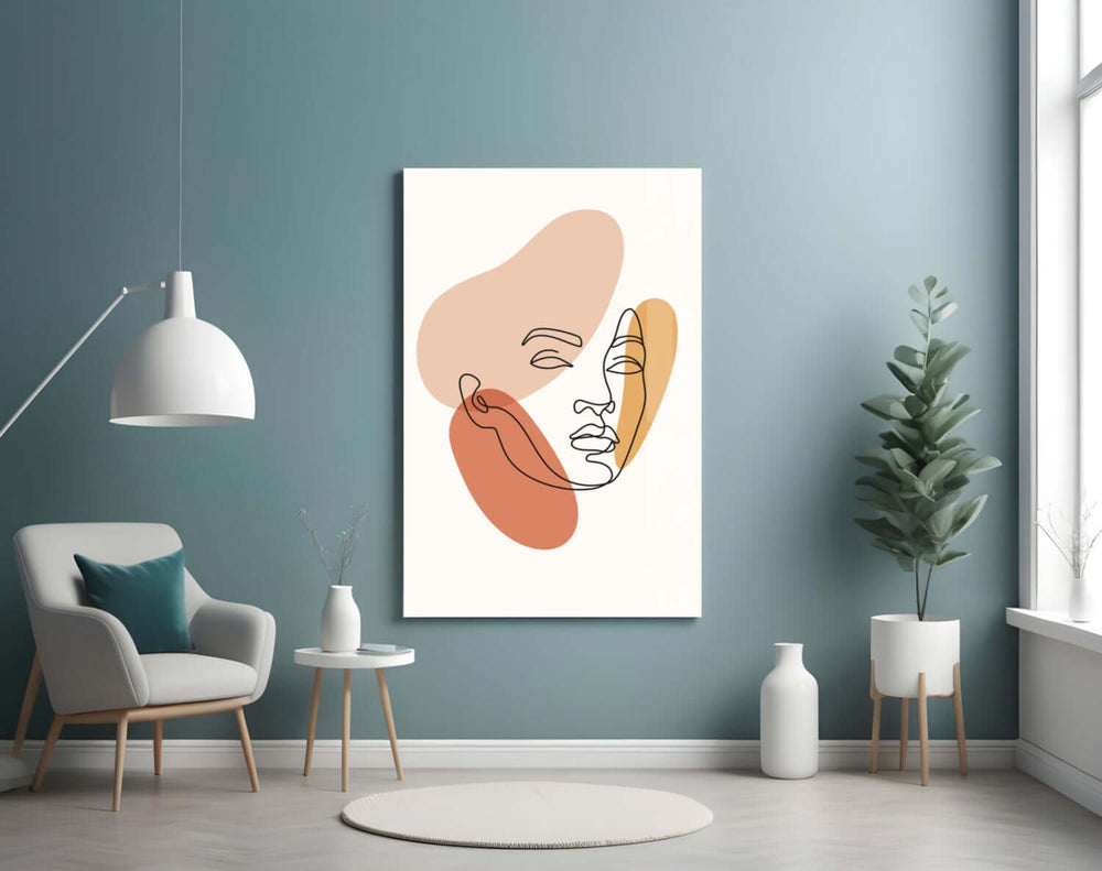 Peach-and-marigold boho cinematic glass wall art in feminine-luxe powder-room