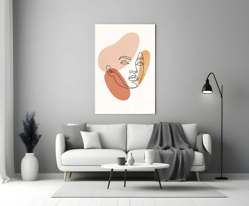 Continuous-line woman cinematic glass wall art in boutique cafe entry