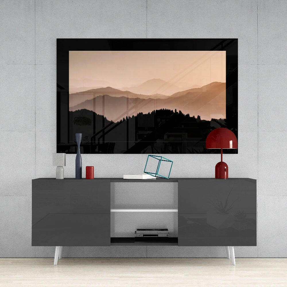 Foggy Horizons glass wall art styled above a console in a reading nook