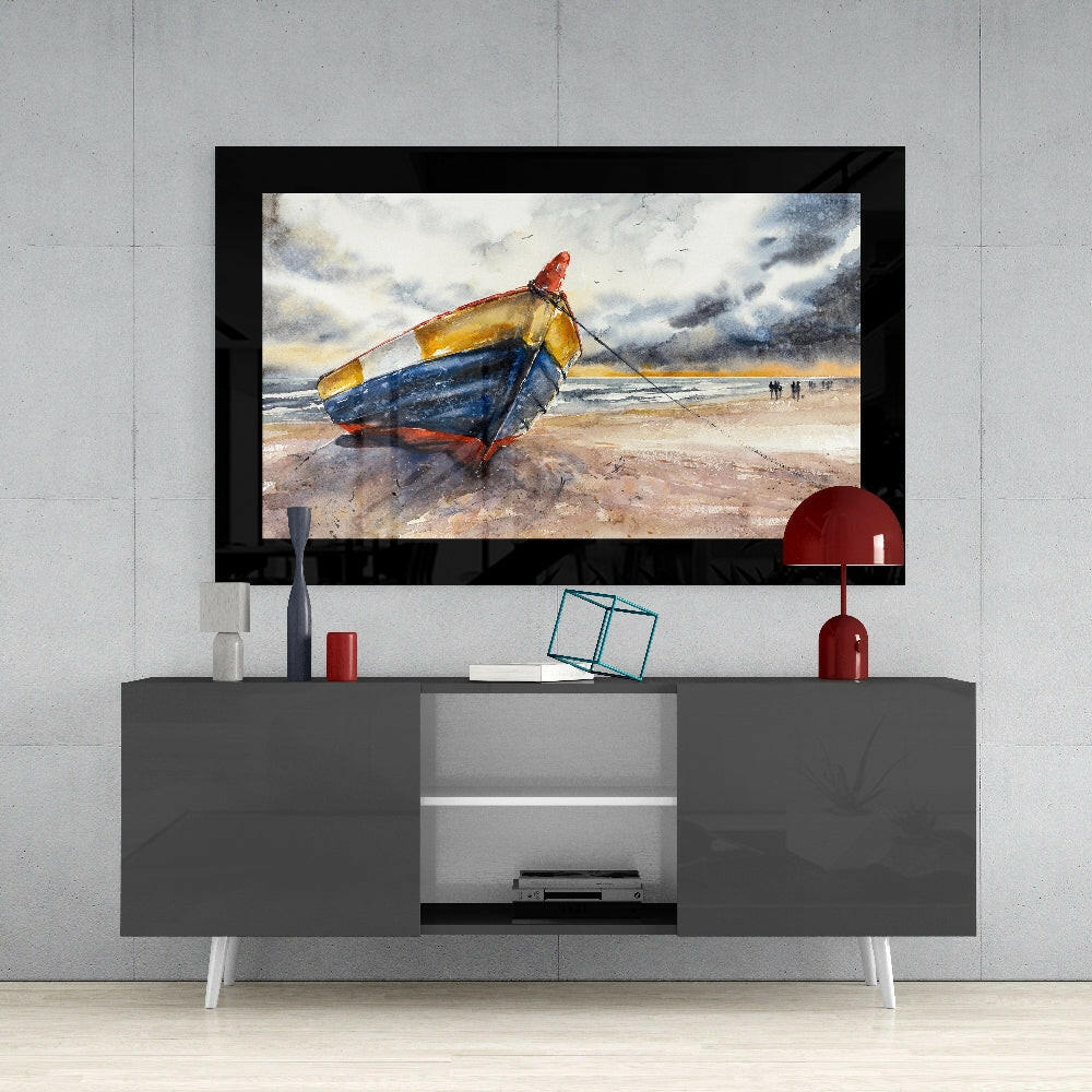 Fishing Boat glass wall art styled above a console in a reading nook