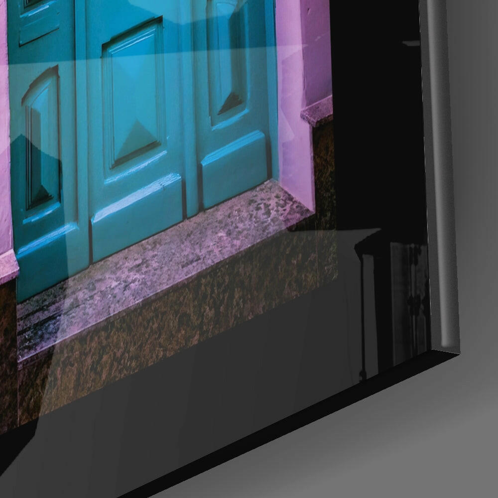 Colorful Building close-up showing turquoise door and lantern
