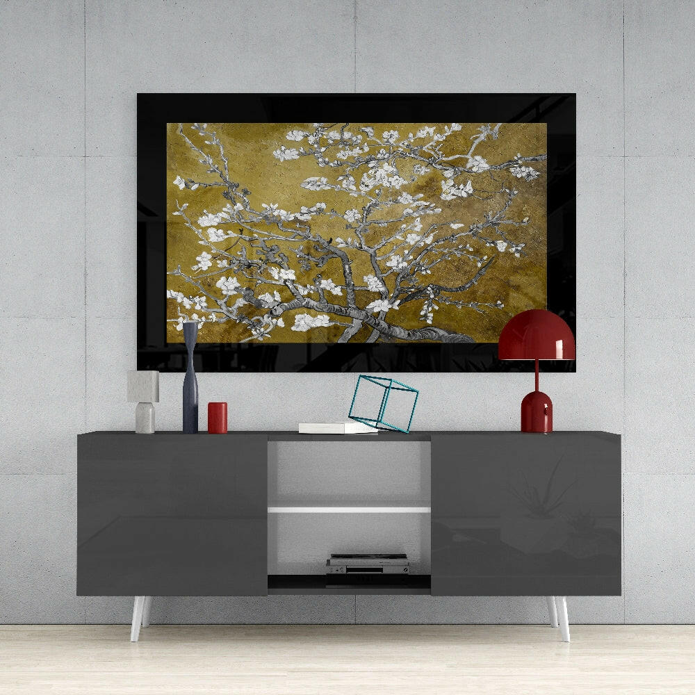 Gold Almond Flowers glass wall art styled above a console in a reading nook
