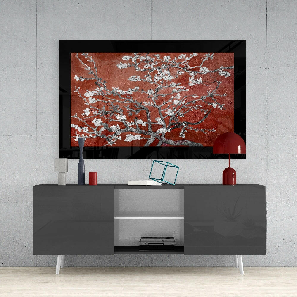Maroon Almond Flowers glass wall art styled above a console in a study