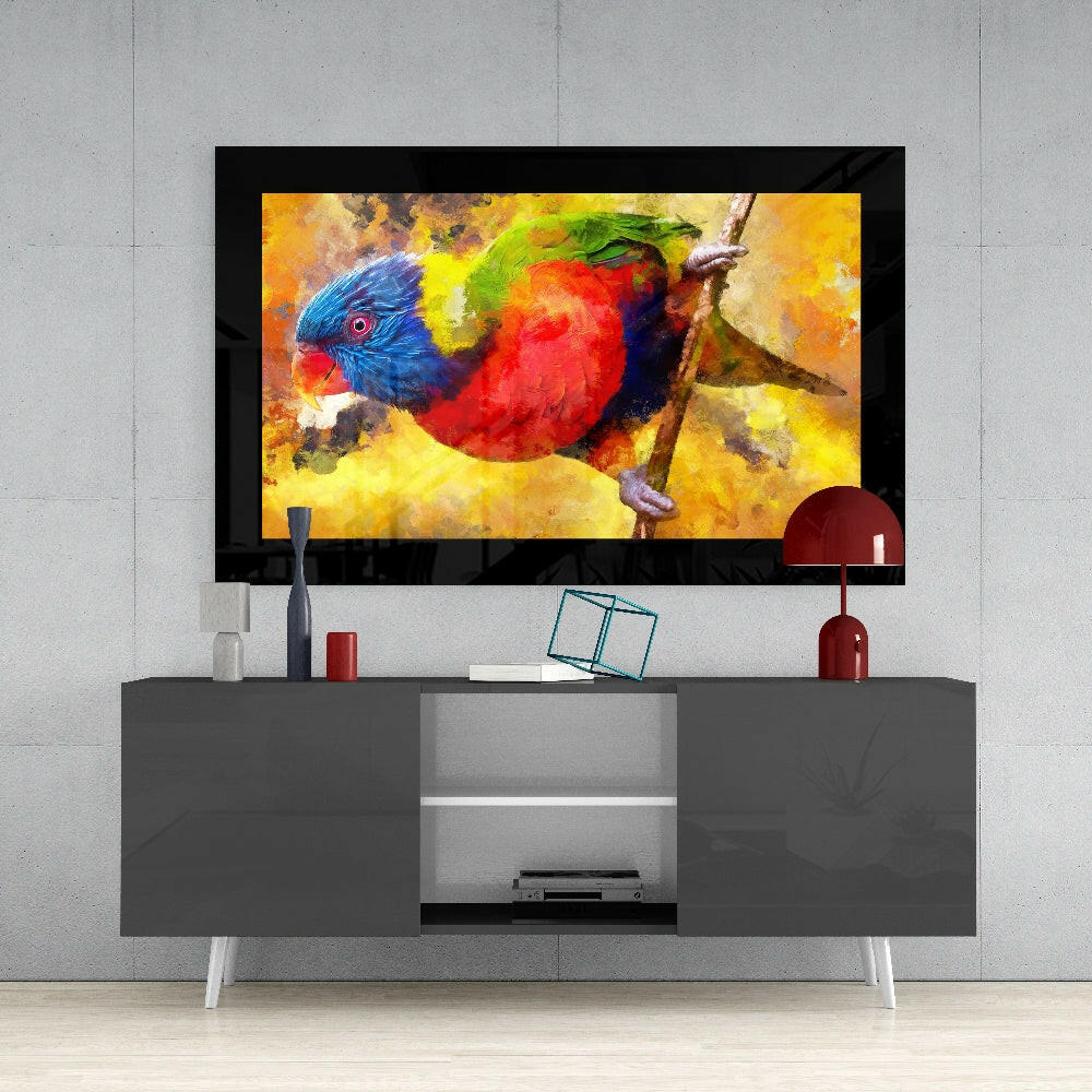 Tropical Parrot glass wall art styled above a sideboard in a child's room