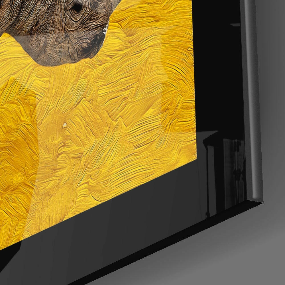Rhino close-up showing striding heavyweight and saffron impasto