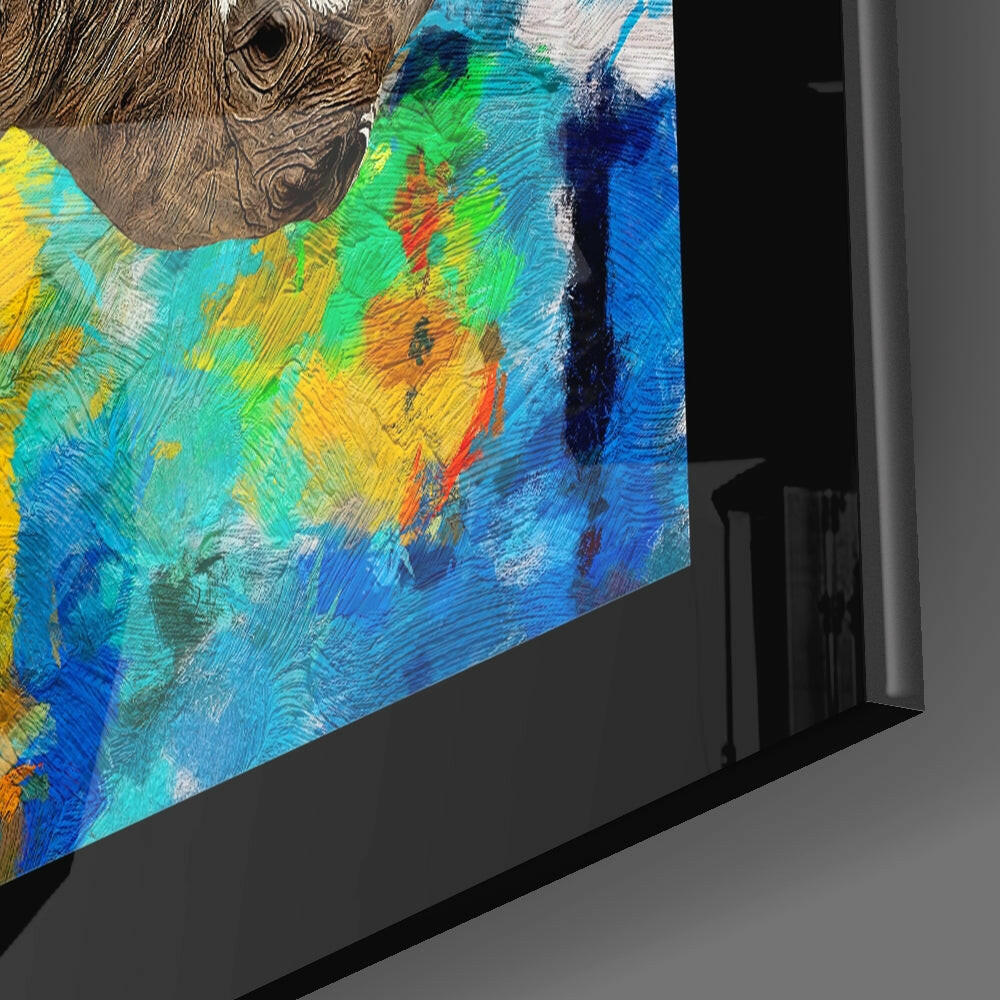 Colored Rhinoceros close-up showing rhino on splatter field