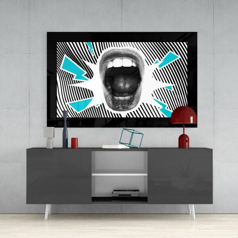 Scream glass wall art styled above a console in a home bar